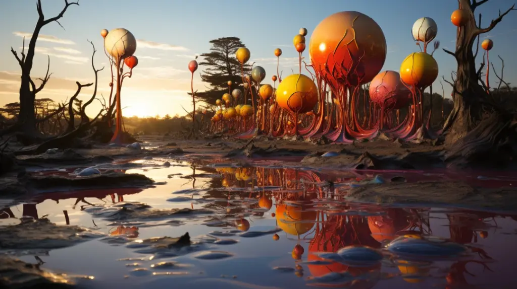Amanecer Surrealista: Árboles y Esferas Reflejadas en Paisaje Fantástico