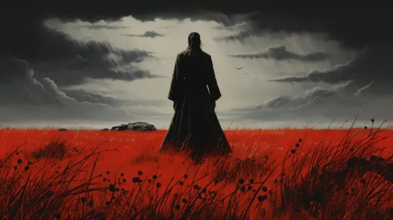 Contraste Épico: Silueta de Samurai ante la Inmensidad de un Campo Rojo
