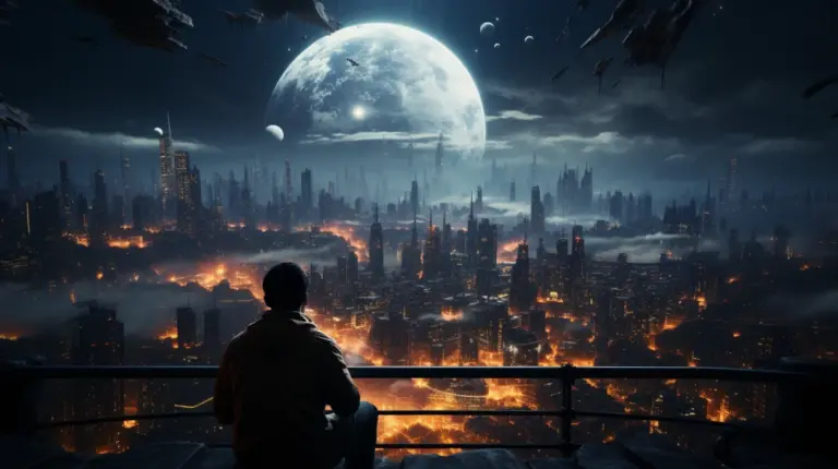 Contemplación Cósmica: Vistas Nocturnas de una Ciudad Cyberpunk bajo una Luna Gigante