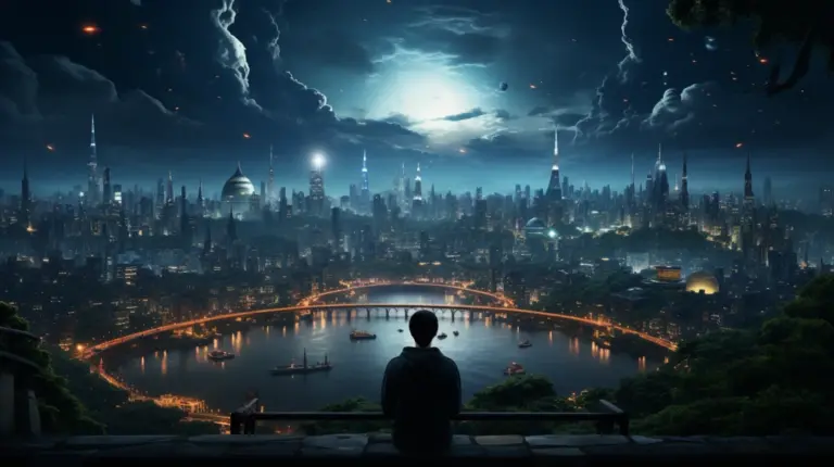 Reflexión Nocturna: Observando la Ciudad Futurista - Escena Cyberpunk con Cielo Tormentoso